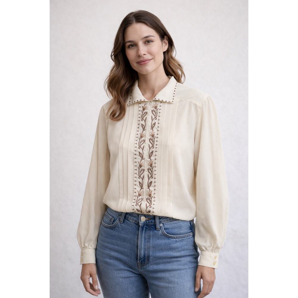 Vintage Gailord Ivory Embroidered Pleated Long Sleeve Blouse cottagecore USA 16